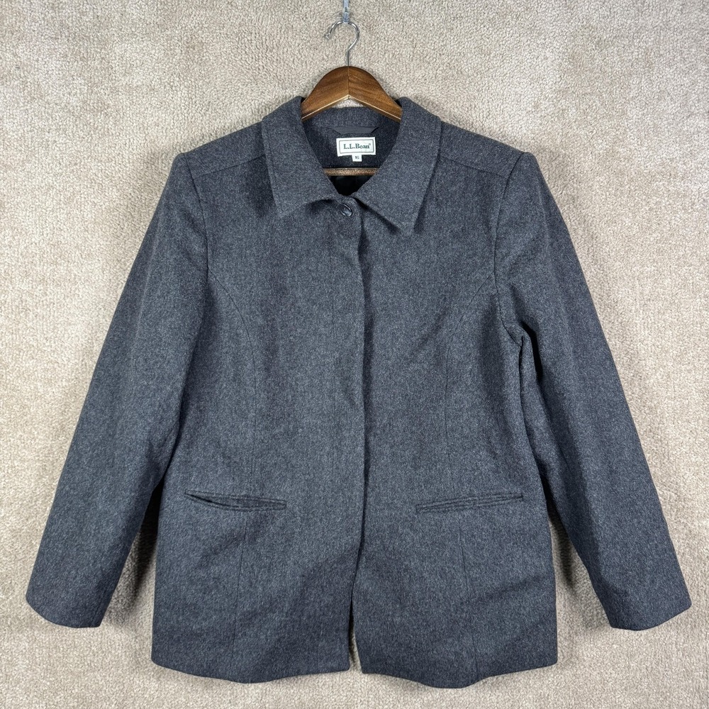LL Bean Coat Womens 16 Gray Wool Jacket Lined Flannel Mid Length Overcoat